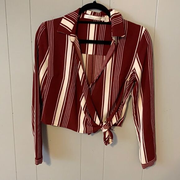 Lovers + Friends Wine & White Striped Crossover Blouse Size XS - Picture 1 of 3